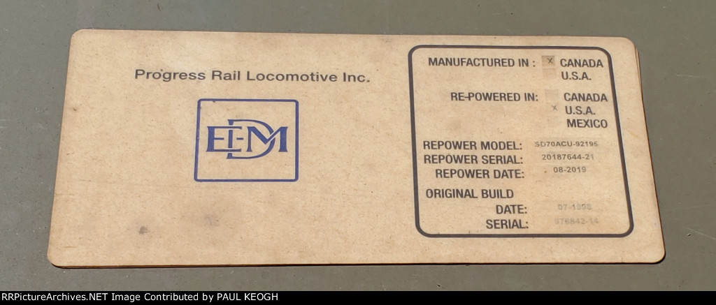 CP 7020's EMD Data Plate.